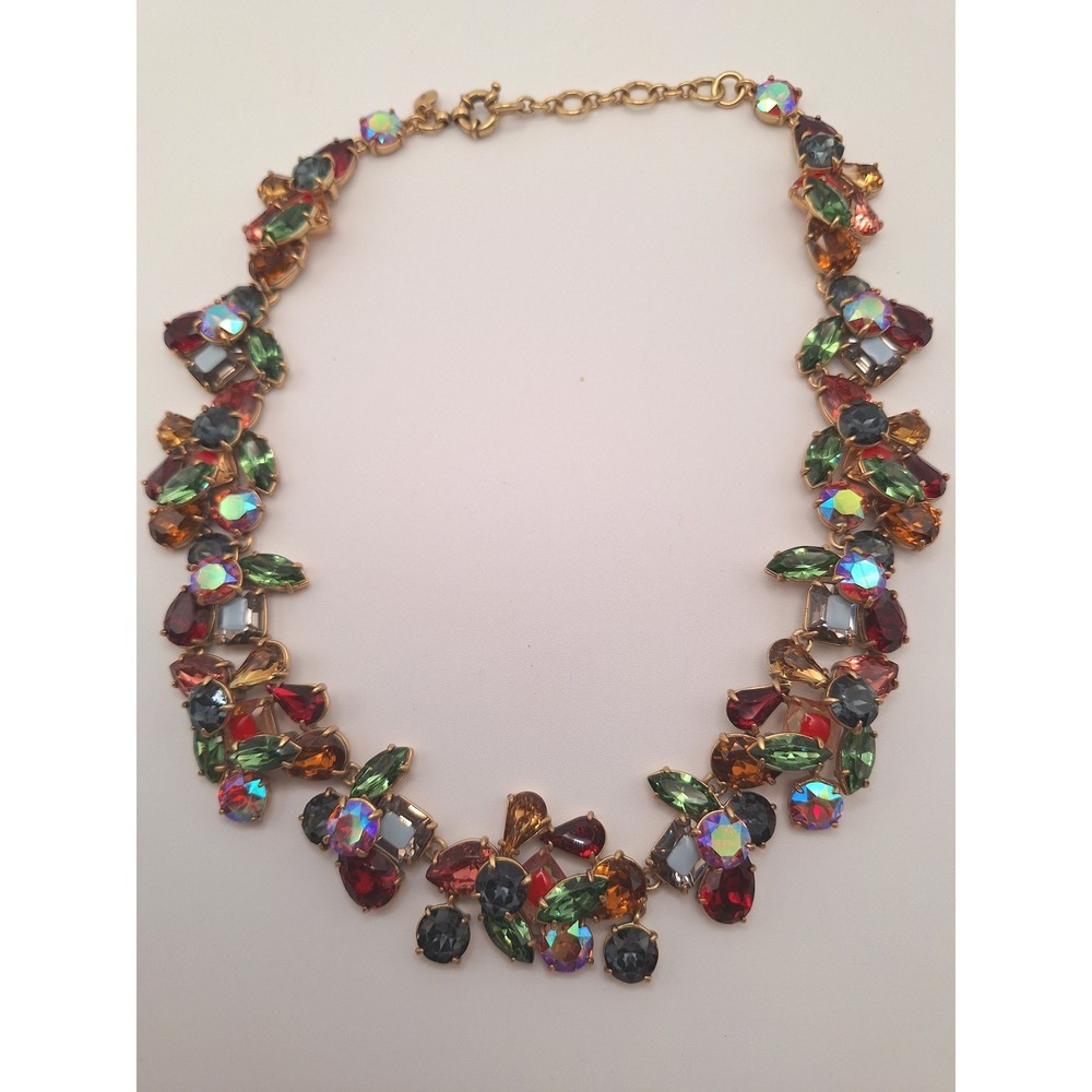 J Crew statement necklace collar bib jewel tone rhinestones crystals gold tone